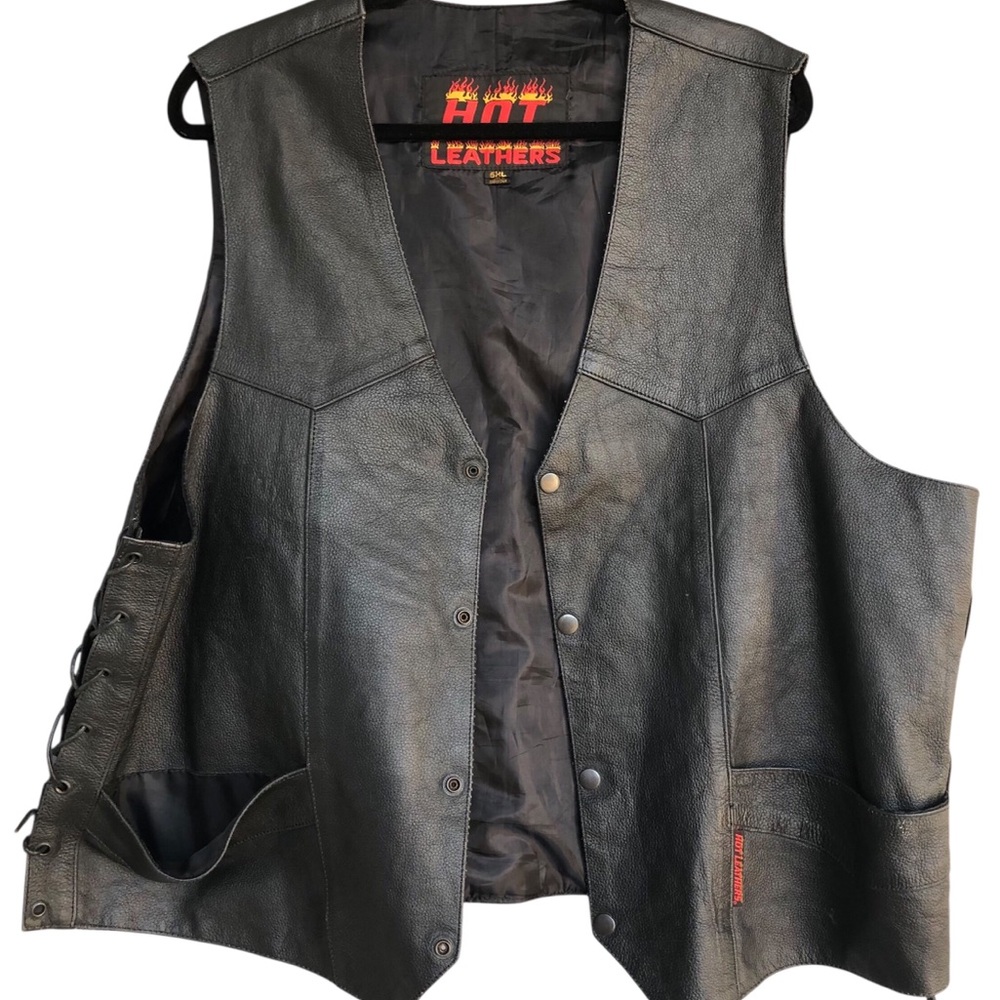 HOT LEATHERS 5 XL VINTAGE‎ Black Leather Motorcycle Vest.Unisex 4 Pockets Great